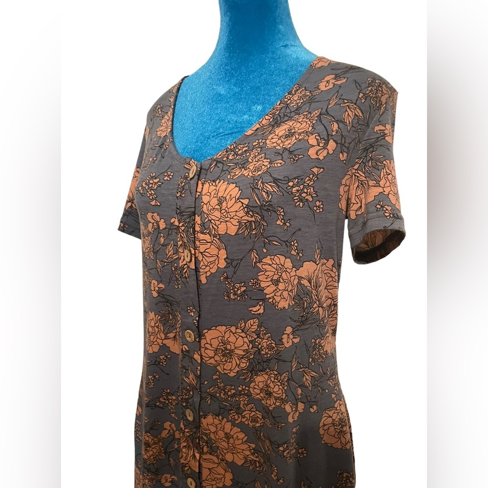 short sleeve button down gray dusty rose floral cottagecore dress - Picture 2 of 12